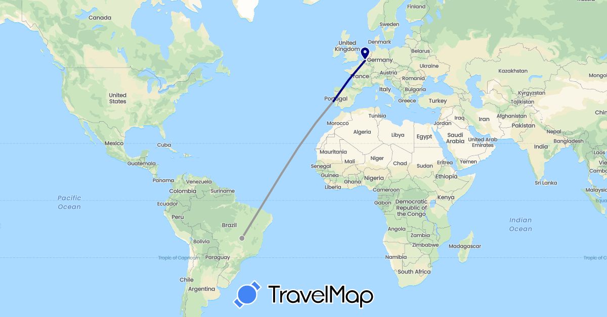 TravelMap itinerary: driving, plane in Belgium, Brazil, Portugal (Europe, South America)
