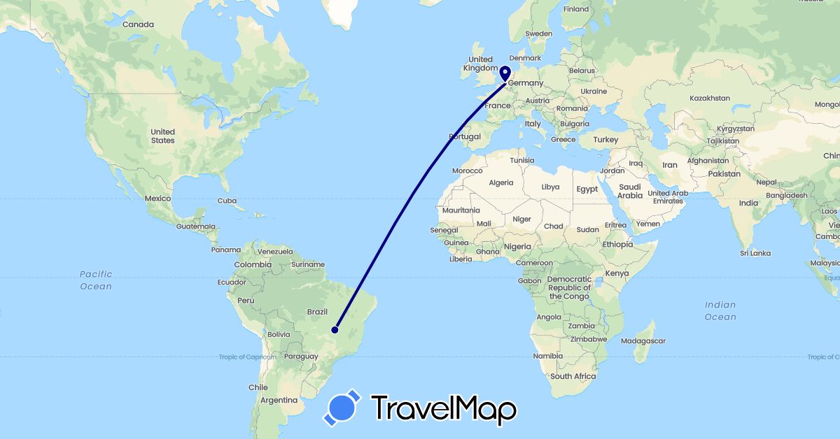 TravelMap itinerary: driving in Belgium, Brazil (Europe, South America)